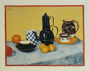 Stillleben mit blauem Emaille-Kaffeekanne, Steingut und Obst, 1888